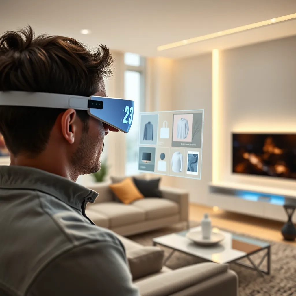 A futuristic web interface showcasing augmented reality features. A person is using AR glasses to visualize products in their own space in a bright, modern living room. The screen displays interactive elements overlaid on real-world objects.