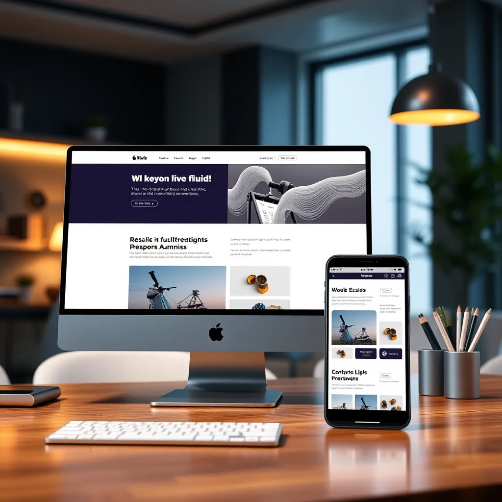 A high-quality, photorealistic image showing a computer and smartphone displaying the same website with a fluid grid layout. The website should demonstrate responsive design with elements resizing seamlessly. The background should depict a modern and stylish workspace.