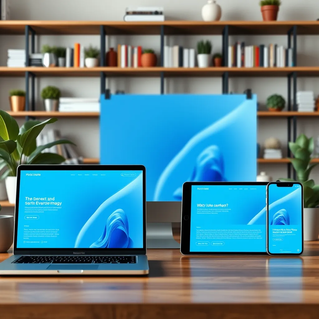 A modern, responsive webpage displayed on multiple devices including a laptop, tablet, and smartphone. The layout features a clean, minimalist design with a vibrant blue color palette, showcasing an eye-catching hero image. Soft diffused lighting enhances clarity and gives a polished look. The perspective is from a slightly elevated angle. The textures are smooth and sleek with material details highlighting a combination of glass and metal elements. The background consists of a cozy workspace, featuring shelves with books and plants that create a welcoming atmosphere. Style references include elements of digital art akin to Apple product imagery. The final output should be in 8K resolution, hyperrealistic, and ultra-detailed.