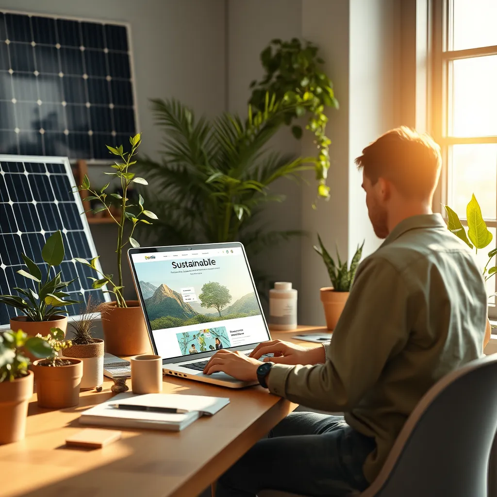 A modern workspace featuring a designer creating a sustainable website on a laptop. The scene includes elements such as solar panels, greenery, and recycled materials. Soft sunlight filters through a window, emphasizing a clean, eco-friendly aesthetic.