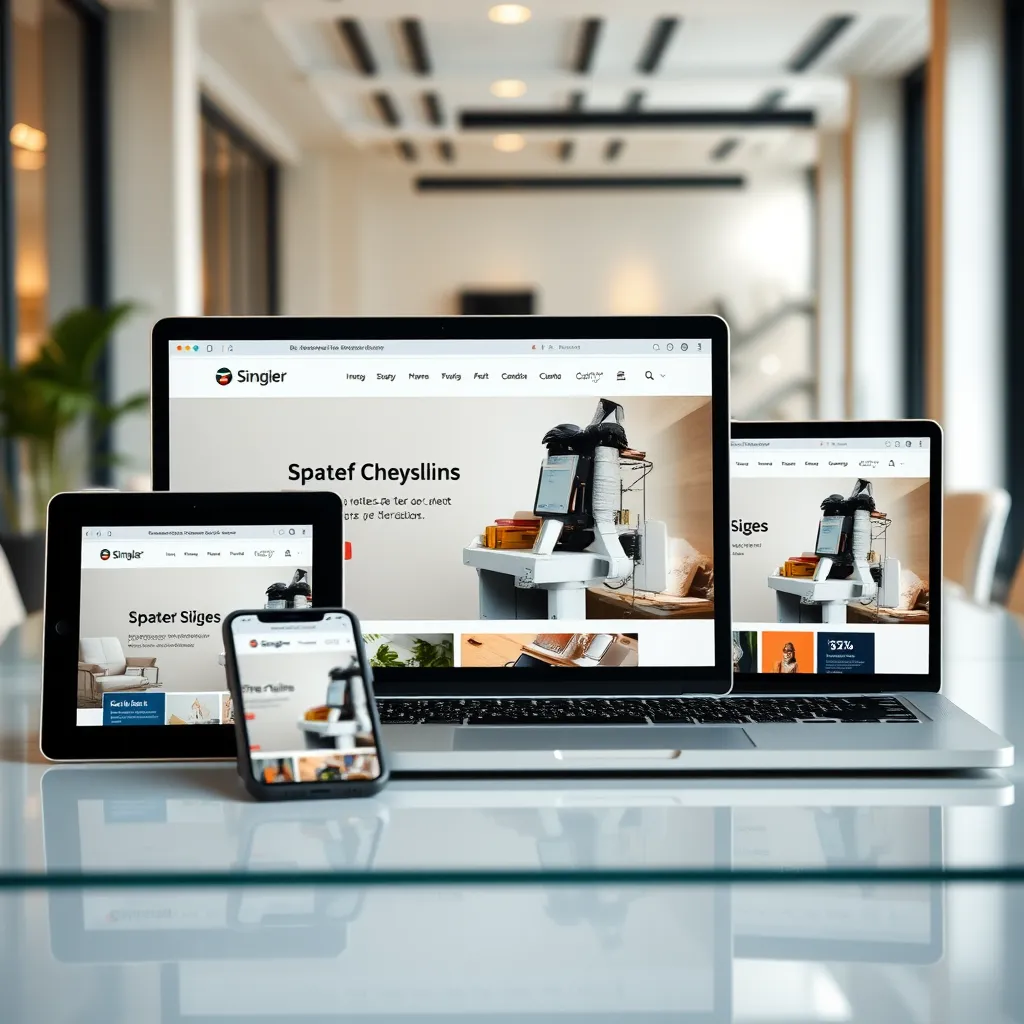 A photorealistic image of a website on multiple devices, such as a tablet, smartphone, and laptop, featuring adaptive images. Each device shows the same high-quality image scaled appropriately for its screen size. The setting should be a bright, inviting office environment.