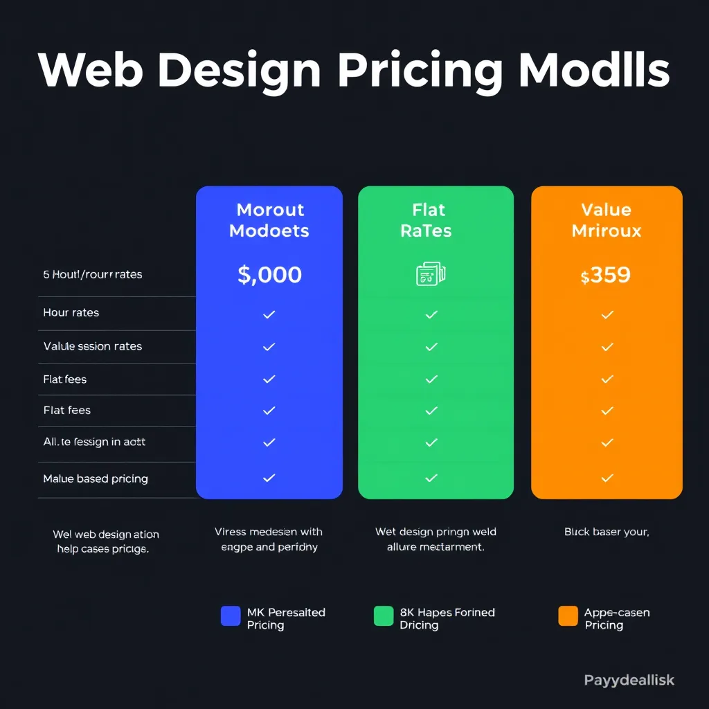  A visually engaging chart depicting different web design pricing models, including hourly rates, flat fees, and value-based pricing. The chart should be in a modern and clean style, with icons representing each model, and a color palette that is bright and appealing.