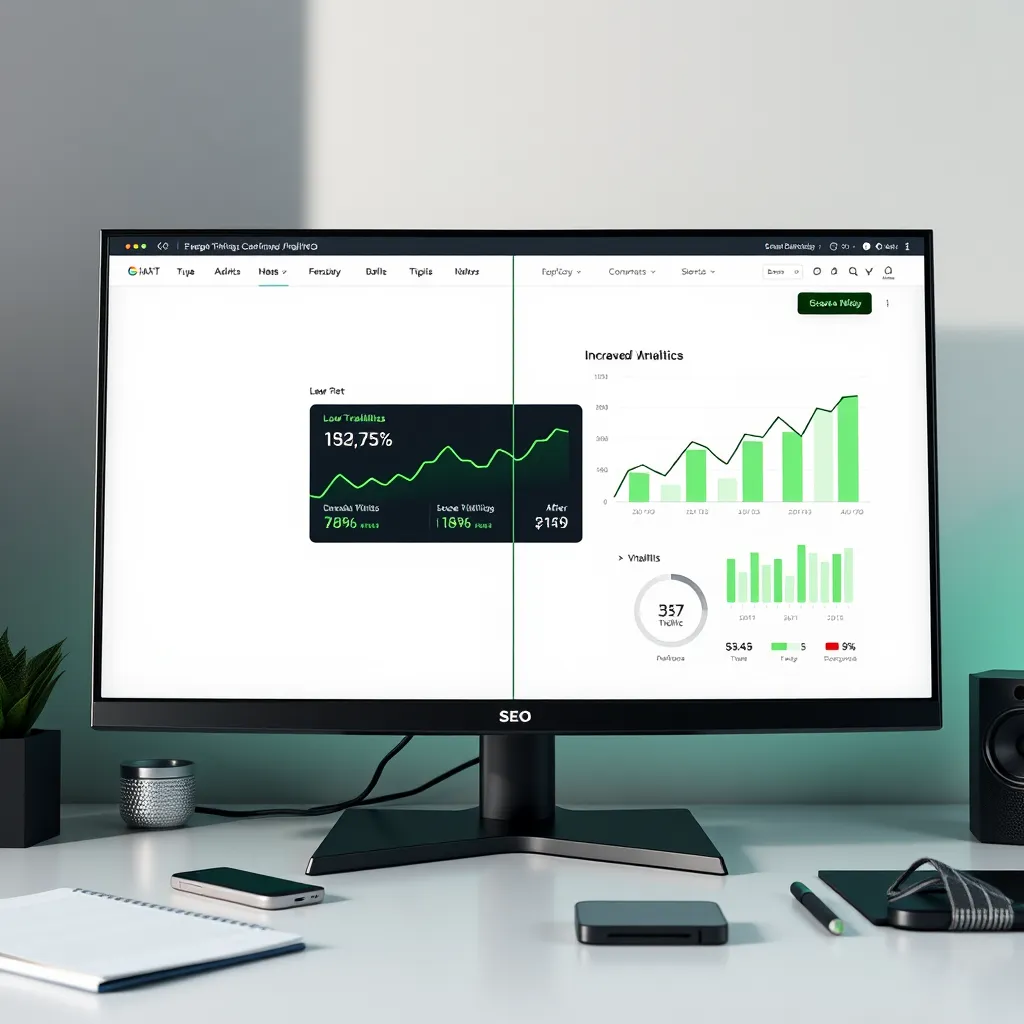 A visually striking SEO-optimized web design displayed on a high-resolution monitor with a split-screen effect showing before and after comparisons highlighting improved analytics. On one side, the screen displays low traffic data, while the other showcases graphs with increased visitor metrics. The lighting is soft diffused to portray a calm and professional atmosphere. The color palette blends neutral grays with vibrant green accents to signify growth. The perspective is a close-up of the monitor with an emphasis on clarity and detail. Textures of the monitor bezel are sleek and modern, accentuated by a tidy, tech-savvy desk environment scattered with smart gadgets like a phone and notepad. References to tech industry design trends should be clear. The image should be hyperrealistic, in 8K resolution, providing an informative visual representation.