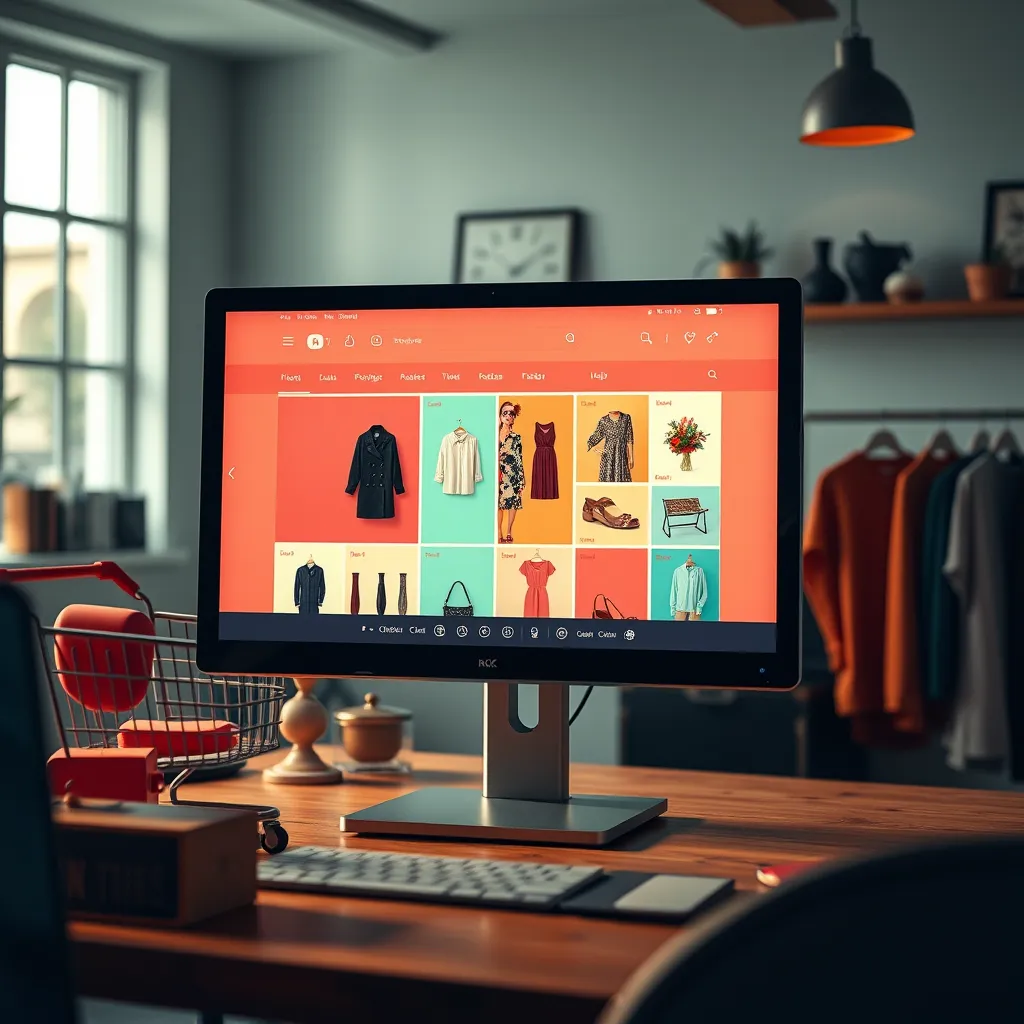 An engaging e-commerce website interface displayed prominently on a desktop monitor. The screen fills with a visually striking product grid of fashion items, featuring vibrant colors and high-resolution images. Dramatic side lighting casts soft shadows, creating depth. The color palette is rich and inviting, incorporating warm tones of coral and mint green that evoke a fun shopping experience. The camera angle is eye-level, focusing on the screen's details, while the background showcases a stylish, modern office setup with shopping-related props such as a shopping cart and trendy merchandise. Natural textures of wood and fabric add warmth. This image should reflect a contemporary digital aesthetic reminiscent of successful online retailers, rendered in ultra-detailed quality at 8K resolution.